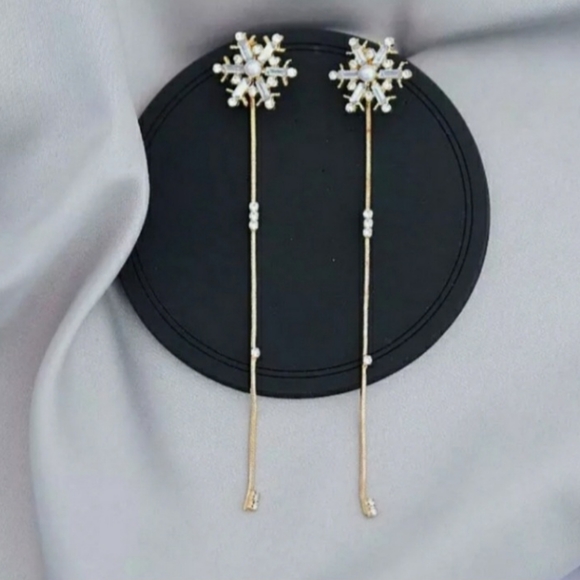 Gold Rhinestone & Pearl Snowflake Dangle Stud Earrings - Picture 8 of 10